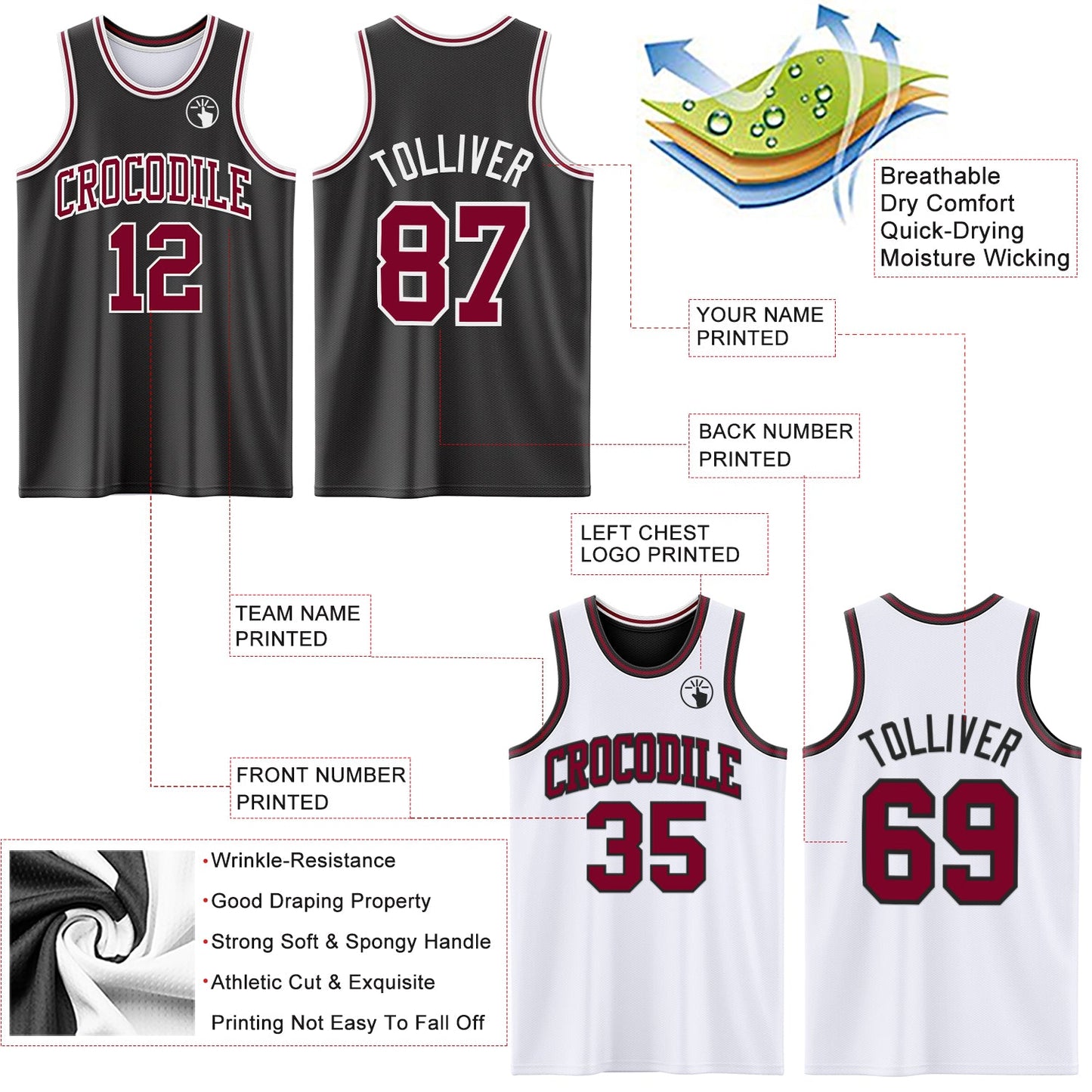 Custom Reversible Black Maroon-White Double Side Sublimation Basketball Suit Jersey - Sky-Custom