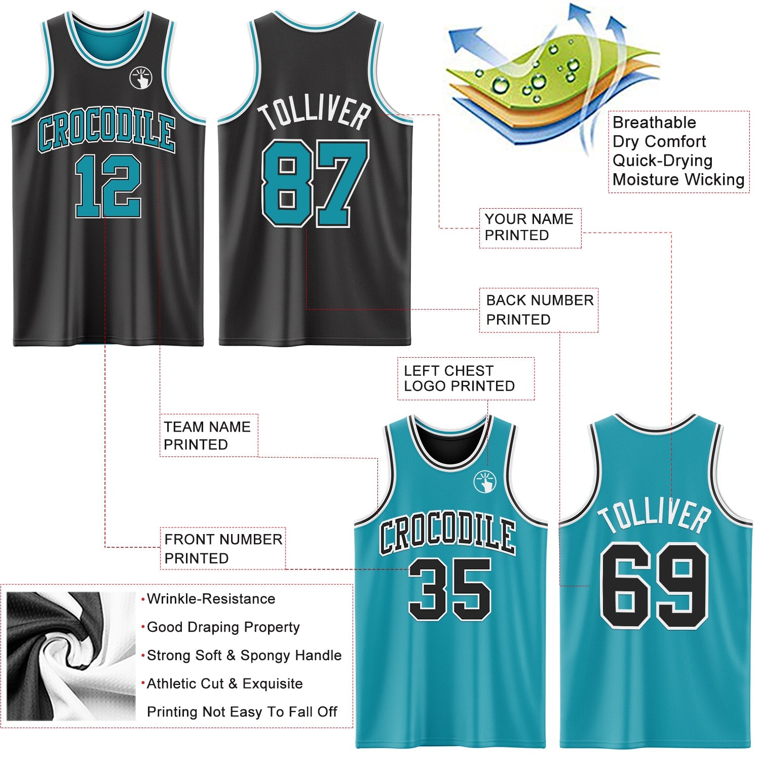 Custom Reversible Black Teal-White Double Side Sublimation Basketball Suit Jersey - Sky-Custom