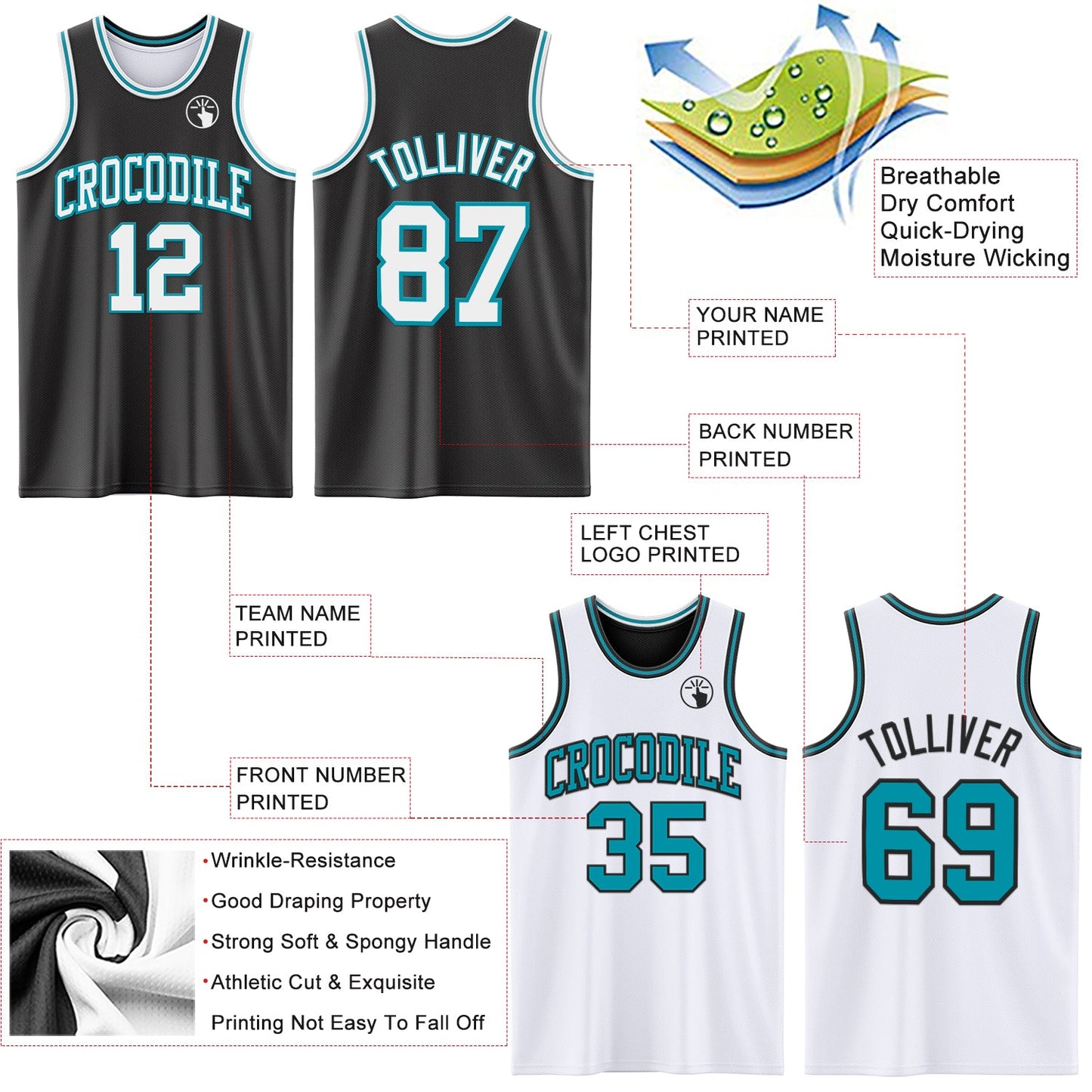 Custom Reversible Black White-Teal Double Side Sublimation Basketball Suit Jersey - Sky-Custom