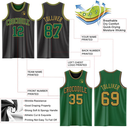 Custom Reversible Black Kelly Green-Old Gold Double Side Sublimation Basketball Suit Jersey - Sky-Custom