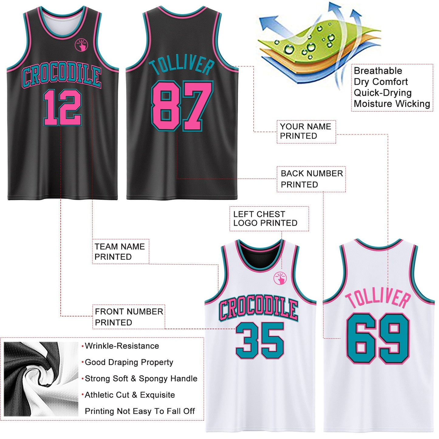 Custom Reversible Black Pink-Teal Double Side Sublimation Basketball Suit Jersey - Sky-Custom