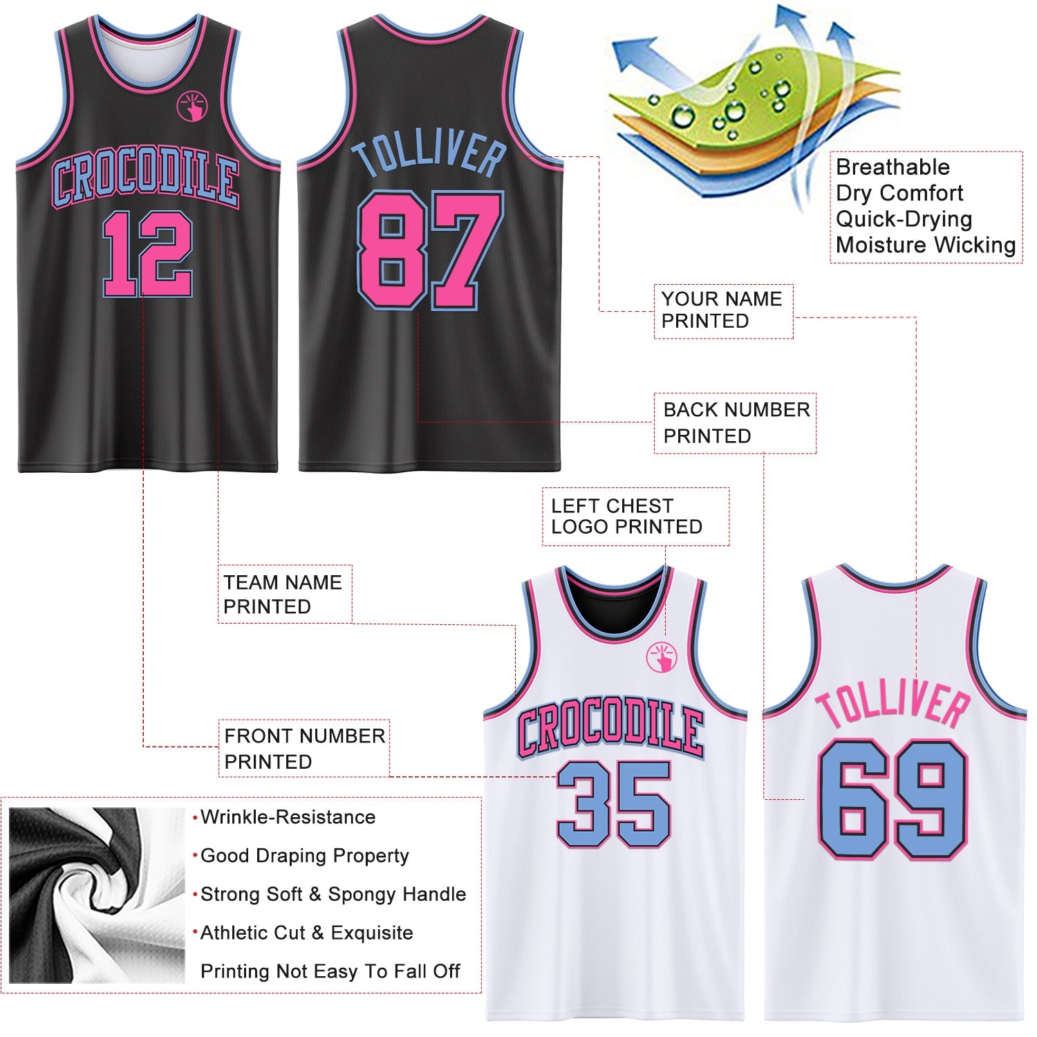 Custom Reversible Black Pink-Light Blue Double Side Sublimation Basketball Suit Jersey - Sky-Custom