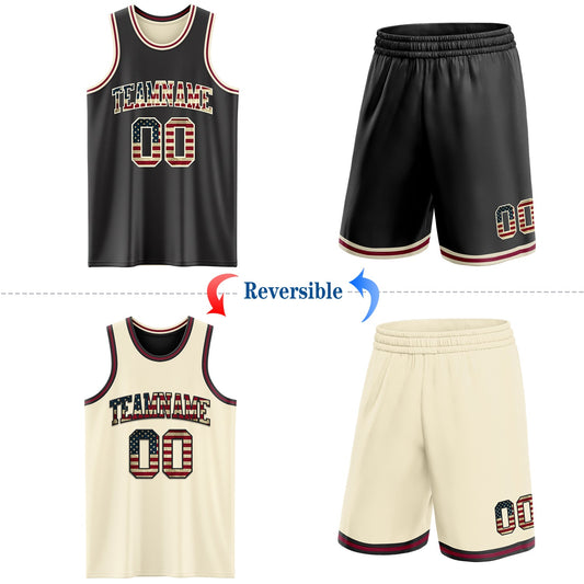 Custom Reversible Black Vintage USA Flag Cream-Maroon Double Side Sublimation Basketball Suit Jersey - Sky-Custom