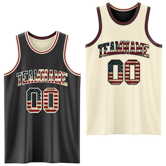 Custom Reversible Black Vintage USA Flag Cream-Maroon Double Side Sublimation Basketball Suit Jersey - Sky-Custom