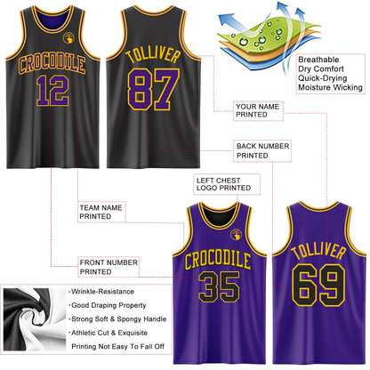 Custom Reversible Black Purple-Gold Double Side Sublimation Basketball Suit Jersey - Sky-Custom