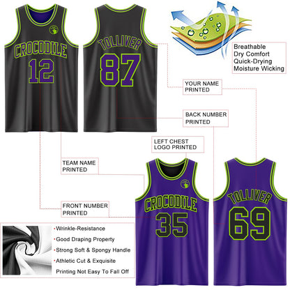 Custom Reversible Black Purple-Neon Green Double Side Sublimation Basketball Suit Jersey - Sky-Custom