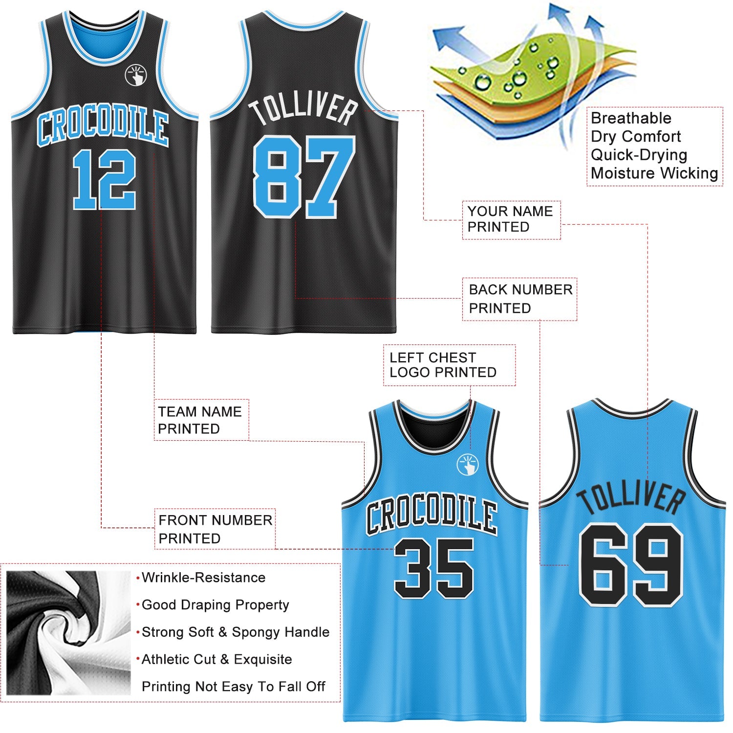 Custom Reversible Black Sky Blue-White Double Side Sublimation Basketball Suit Jersey - Sky-Custom