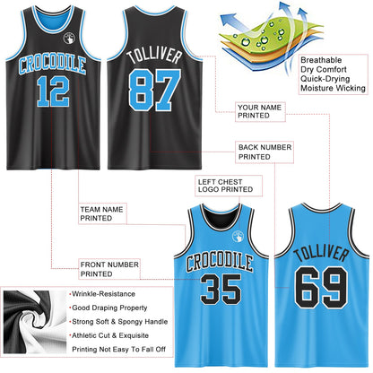 Custom Reversible Black Sky Blue-White Double Side Sublimation Basketball Suit Jersey - Sky-Custom