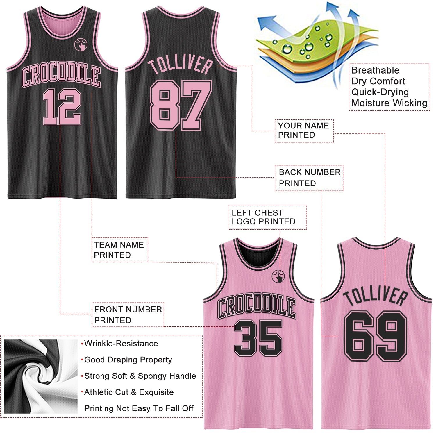 Custom Reversible Black Light Pink Double Side Sublimation Basketball Suit Jersey - Sky-Custom