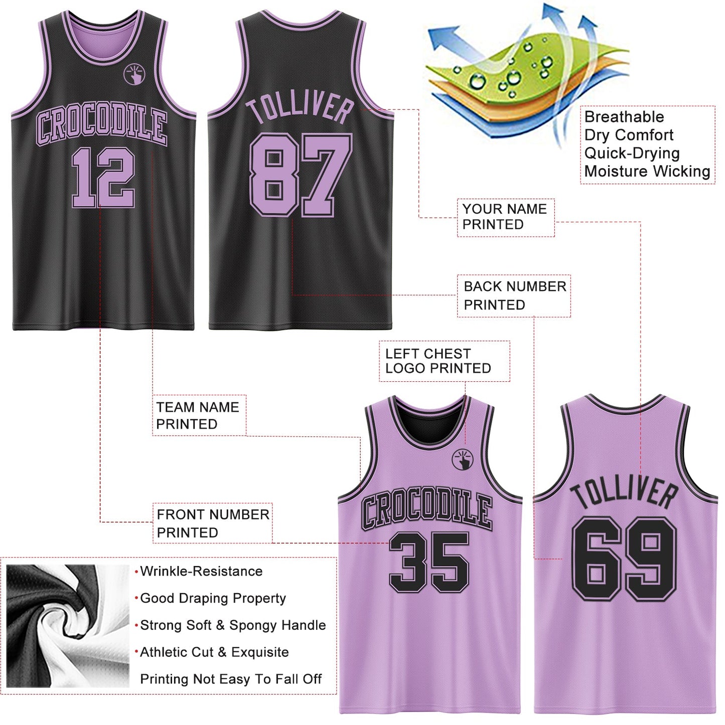 Custom Reversible Black Light Purple Double Side Sublimation Basketball Suit Jersey - Sky-Custom