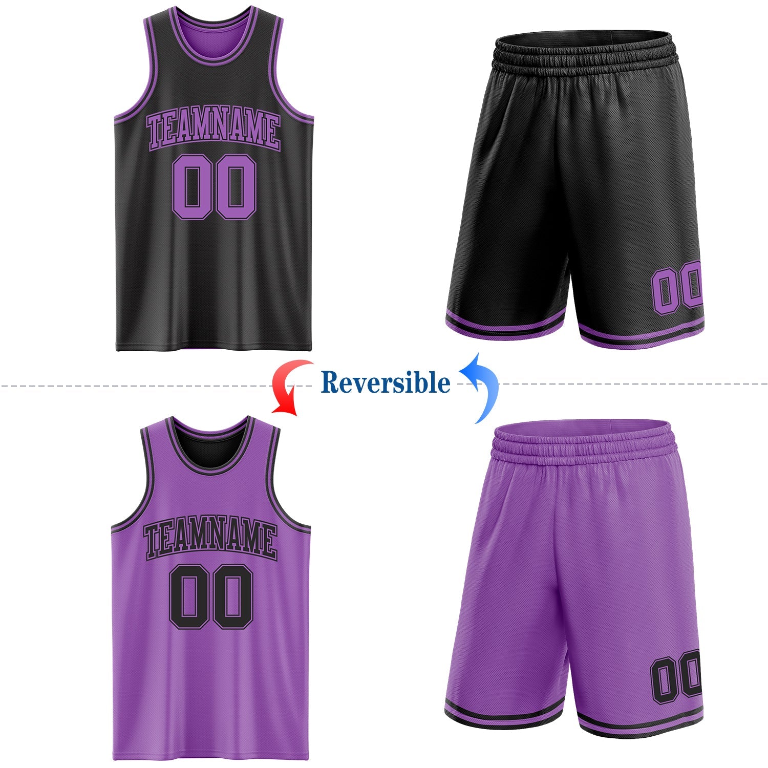Custom Reversible Black Medium Purple Double Side Sublimation Basketball Suit Jersey - Sky-Custom