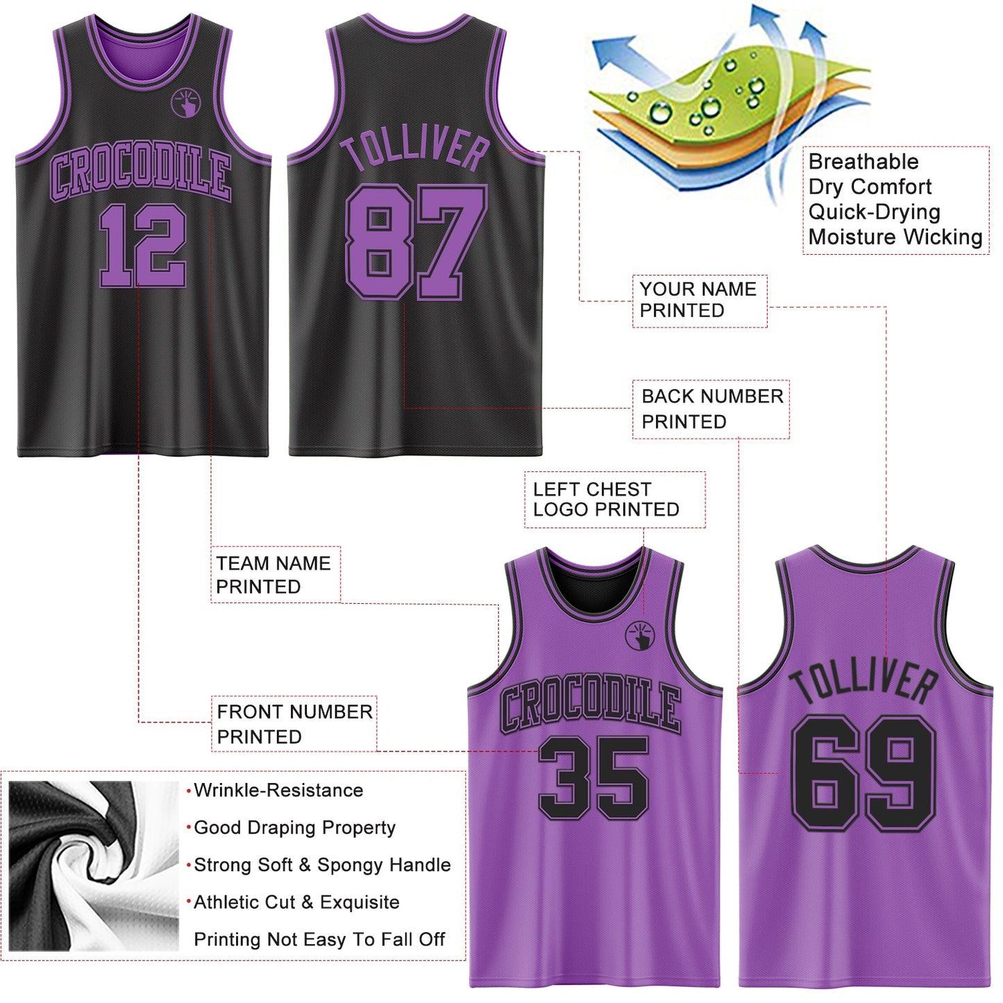 Custom Reversible Black Medium Purple Double Side Sublimation Basketball Suit Jersey - Sky-Custom