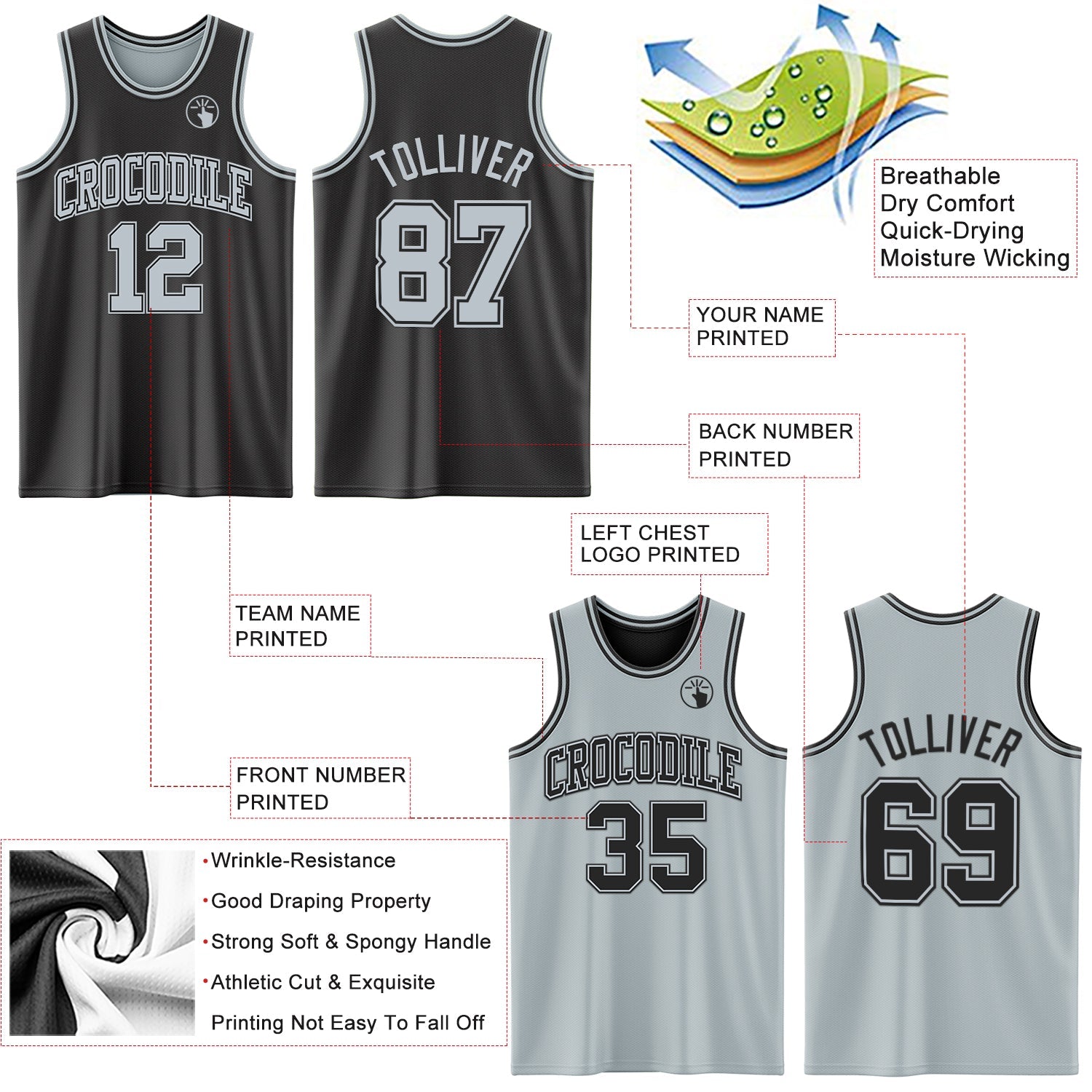 Custom Reversible Black Silver Double Side Sublimation Basketball Suit Jersey - Sky-Custom