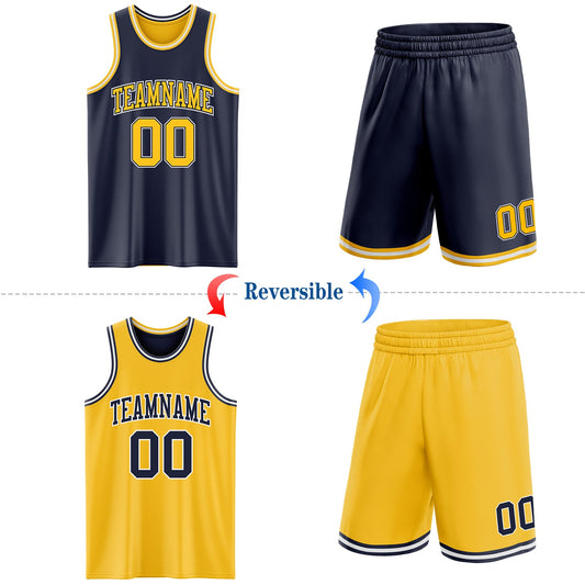 Custom Navy Gold-White Reversible Double Side Sublimation Basketball Suit Jersey - Sky-Custom