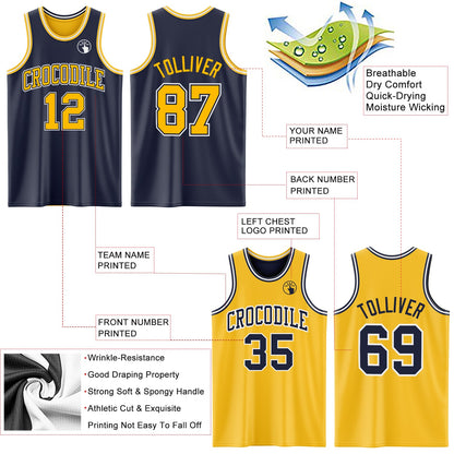 Custom Navy Gold-White Reversible Double Side Sublimation Basketball Suit Jersey - Sky-Custom