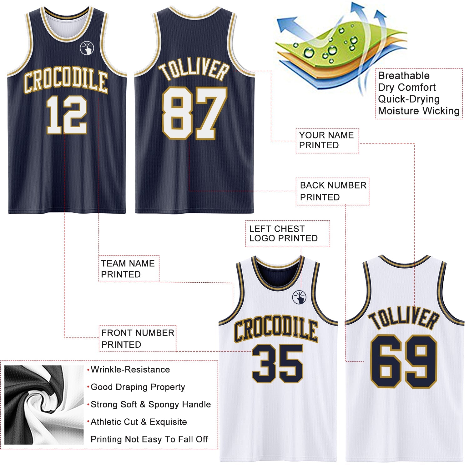 Custom Navy White-Old Gold Reversible Double Side Sublimation Basketball Suit Jersey - Sky-Custom