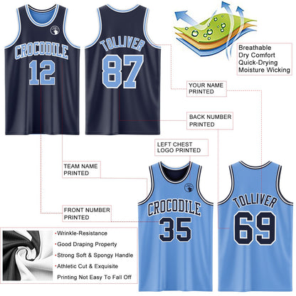 Custom Navy Light Blue-White Reversible Double Side Sublimation Basketball Suit Jersey - Sky-Custom
