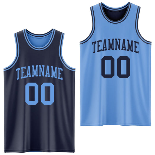 Custom Navy Light Blue Reversible Double Side Sublimation Basketball Suit Jersey - Sky-Custom