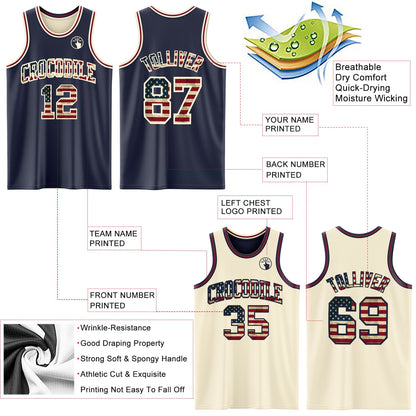 Custom Navy Vintage USA Flag Cream-Maroon Reversible Double Side Sublimation Basketball Suit Jersey - Sky-Custom