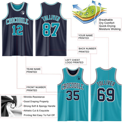 Custom Navy Teal-White Reversible Double Side Sublimation Basketball Suit Jersey - Sky-Custom