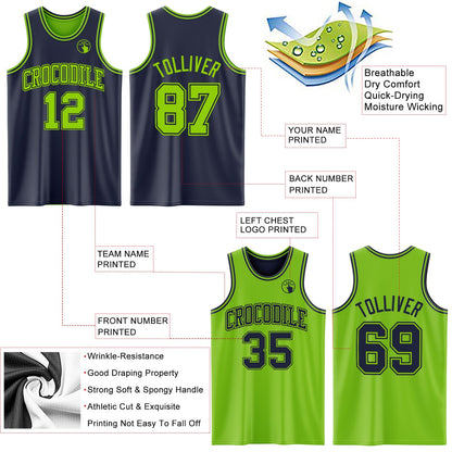 Custom Navy Neon Green Reversible Double Side Sublimation Basketball Suit Jersey - Sky-Custom