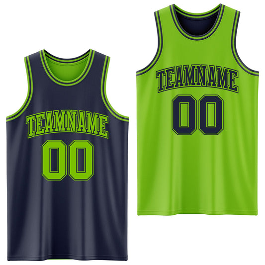 Custom Navy Neon Green Reversible Double Side Sublimation Basketball Suit Jersey - Sky-Custom