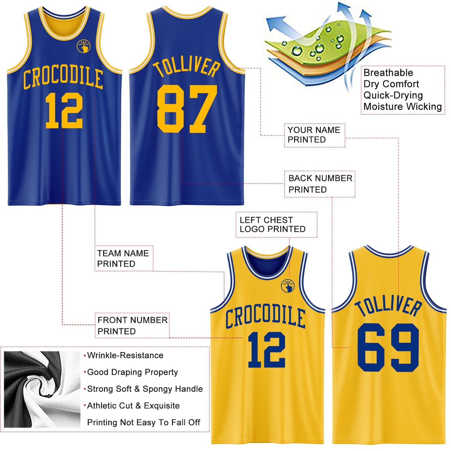 Custom Royal Gold-White Reversible Double Side Sublimation Basketball Suit Jersey - Sky-Custom