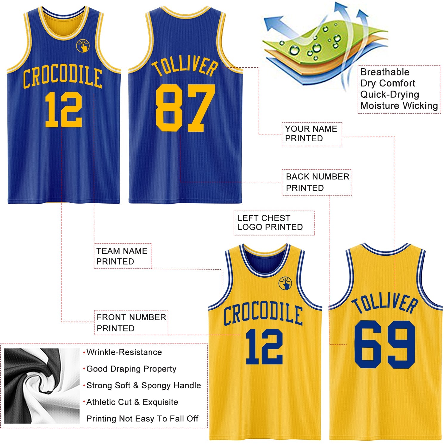 Custom Royal Gold-White Reversible Double Side Sublimation Basketball Suit Jersey - Sky-Custom