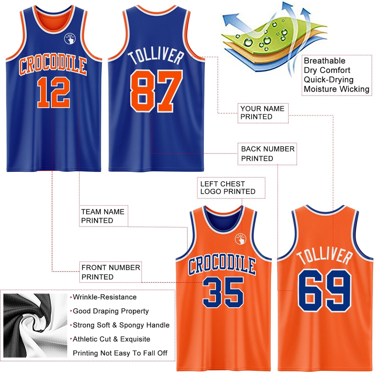 Custom Royal Orange-White Reversible Double Side Sublimation Basketball Suit Jersey - Sky-Custom
