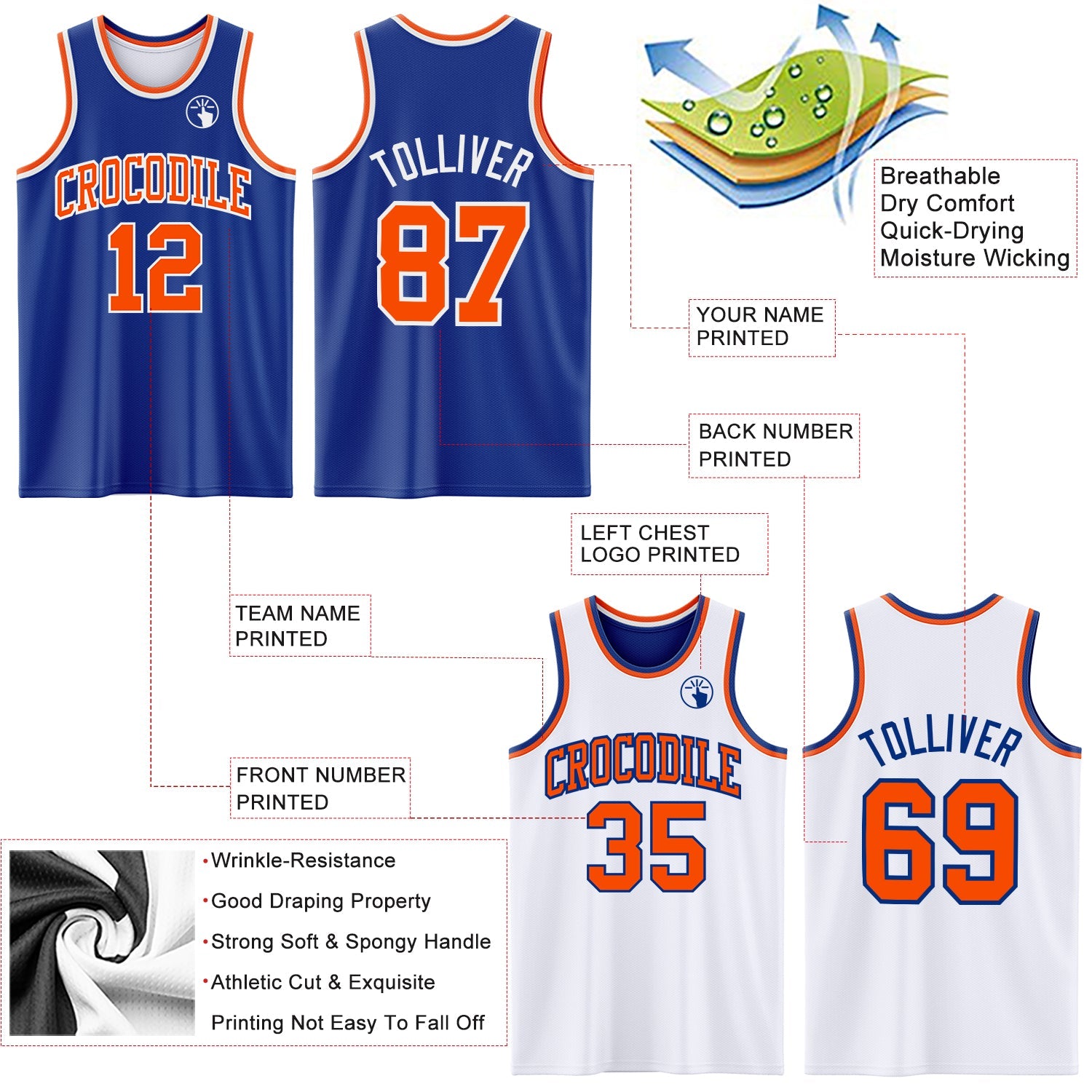 Custom Royal Orange-White Reversible Double Side Sublimation Basketball Suit Jersey - Sky-Custom