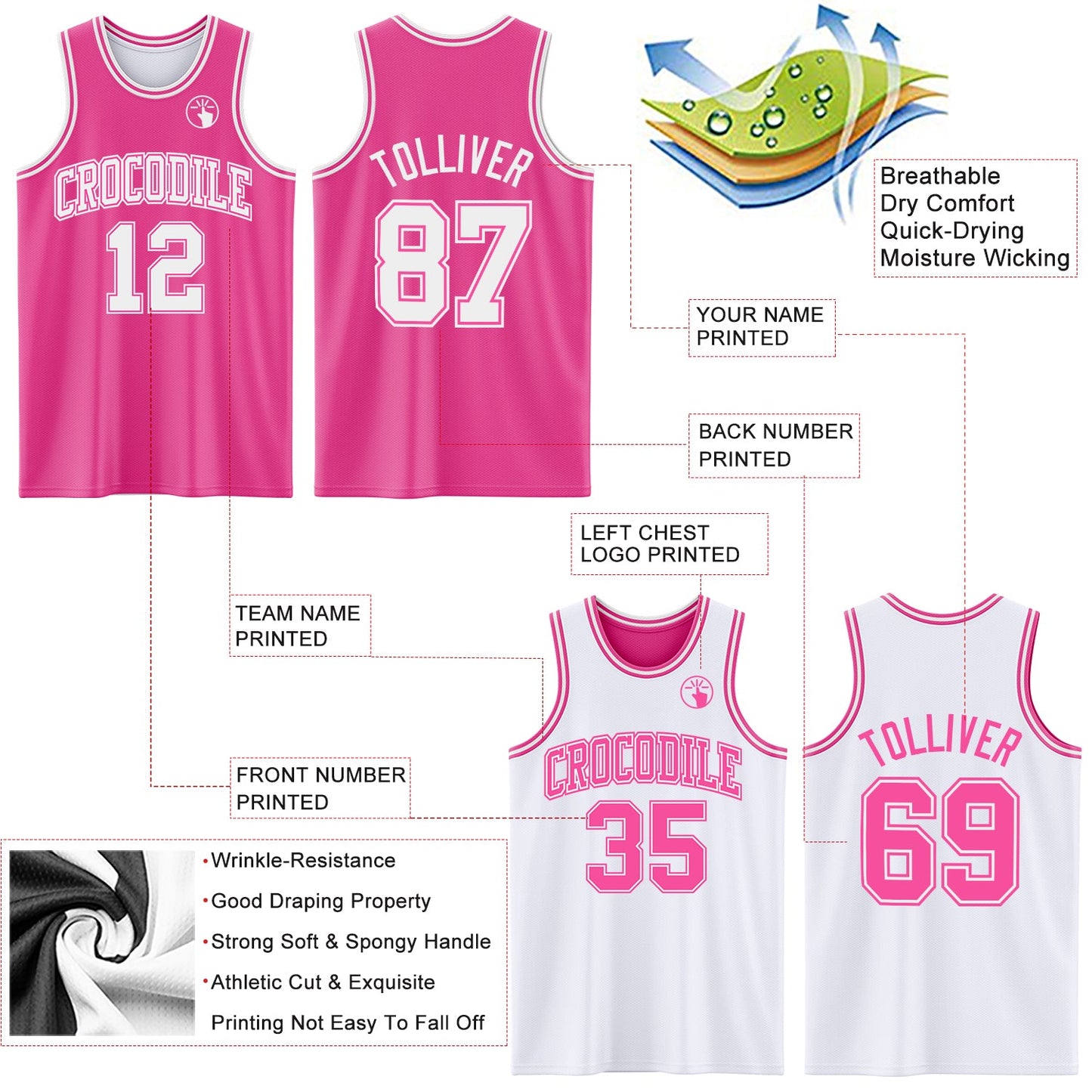Custom Pink White Reversible Double Side Sublimation Basketball Suit Jersey - Sky-Custom