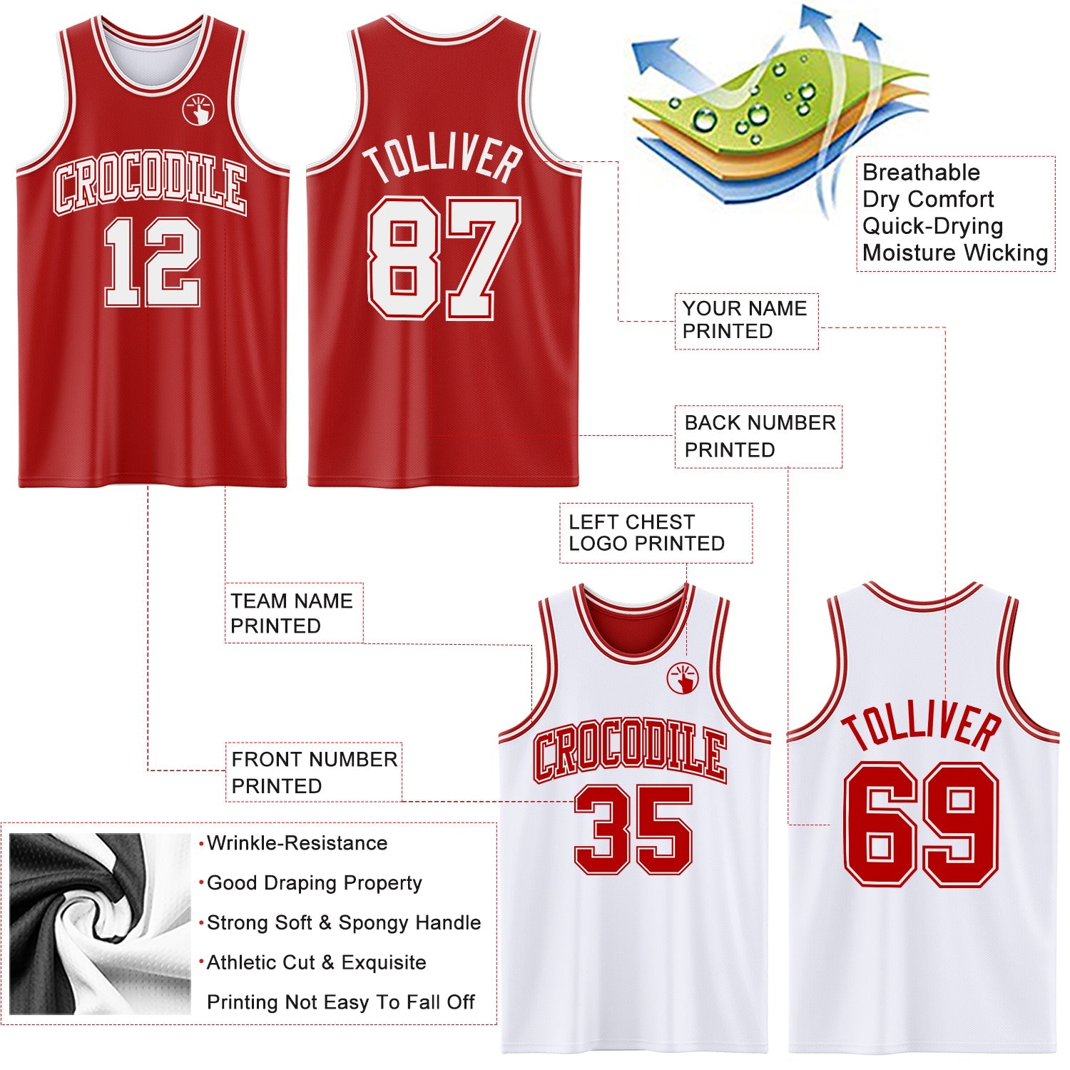 Custom Red White Reversible Double Side Sublimation Basketball Suit Jersey - Sky-Custom