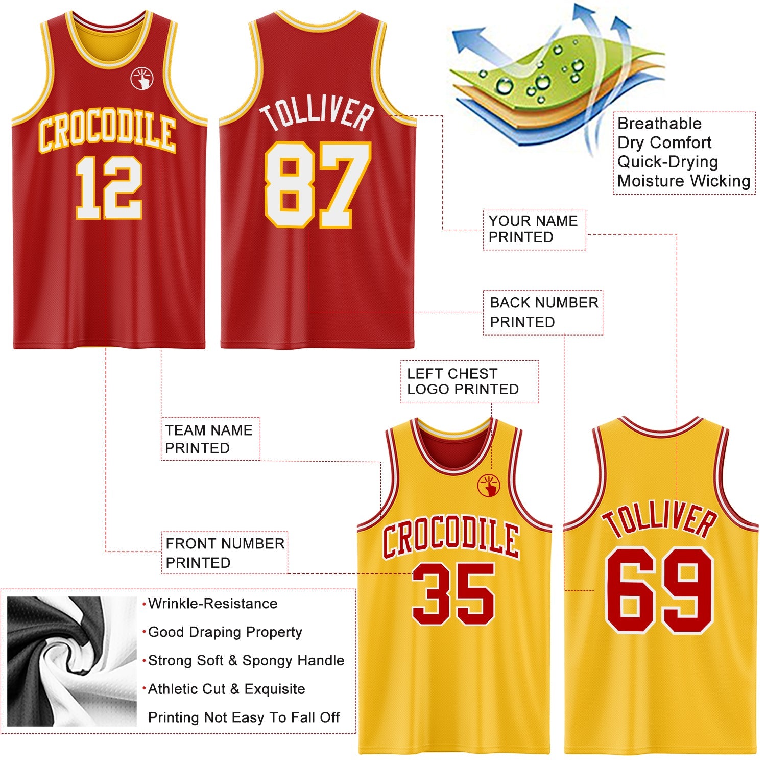 Custom Red White-Gold Reversible Double Side Sublimation Basketball Suit Jersey - Sky-Custom