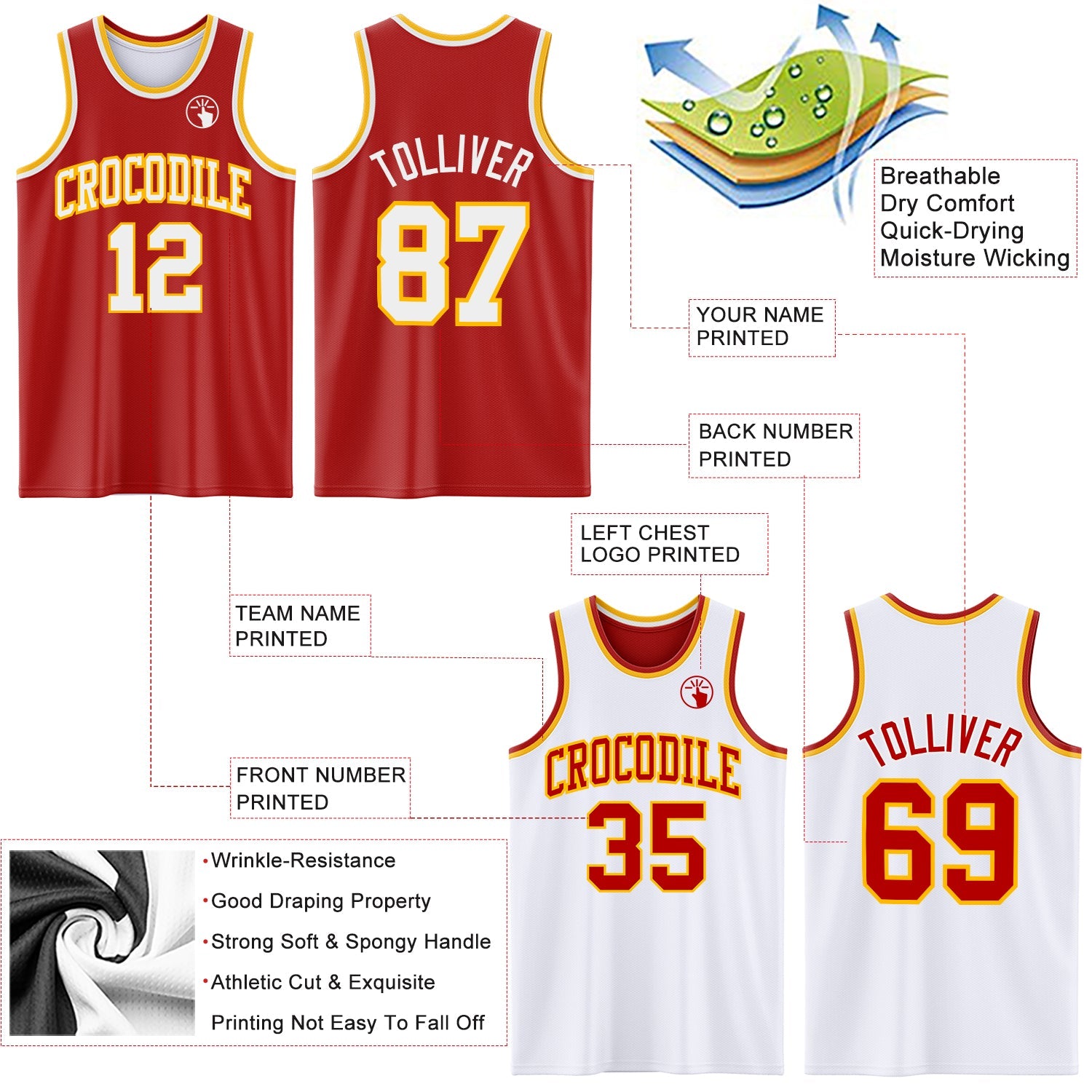 Custom Red White-Gold Reversible Double Side Sublimation Basketball Suit Jersey - Sky-Custom
