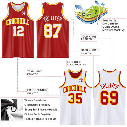 Custom Red White-Gold Reversible Double Side Sublimation Basketball Suit Jersey - Sky-Custom
