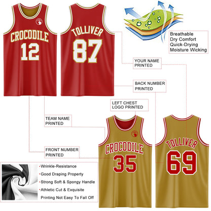 Custom Red White-Old Gold Reversible Double Side Sublimation Basketball Suit Jersey - Sky-Custom