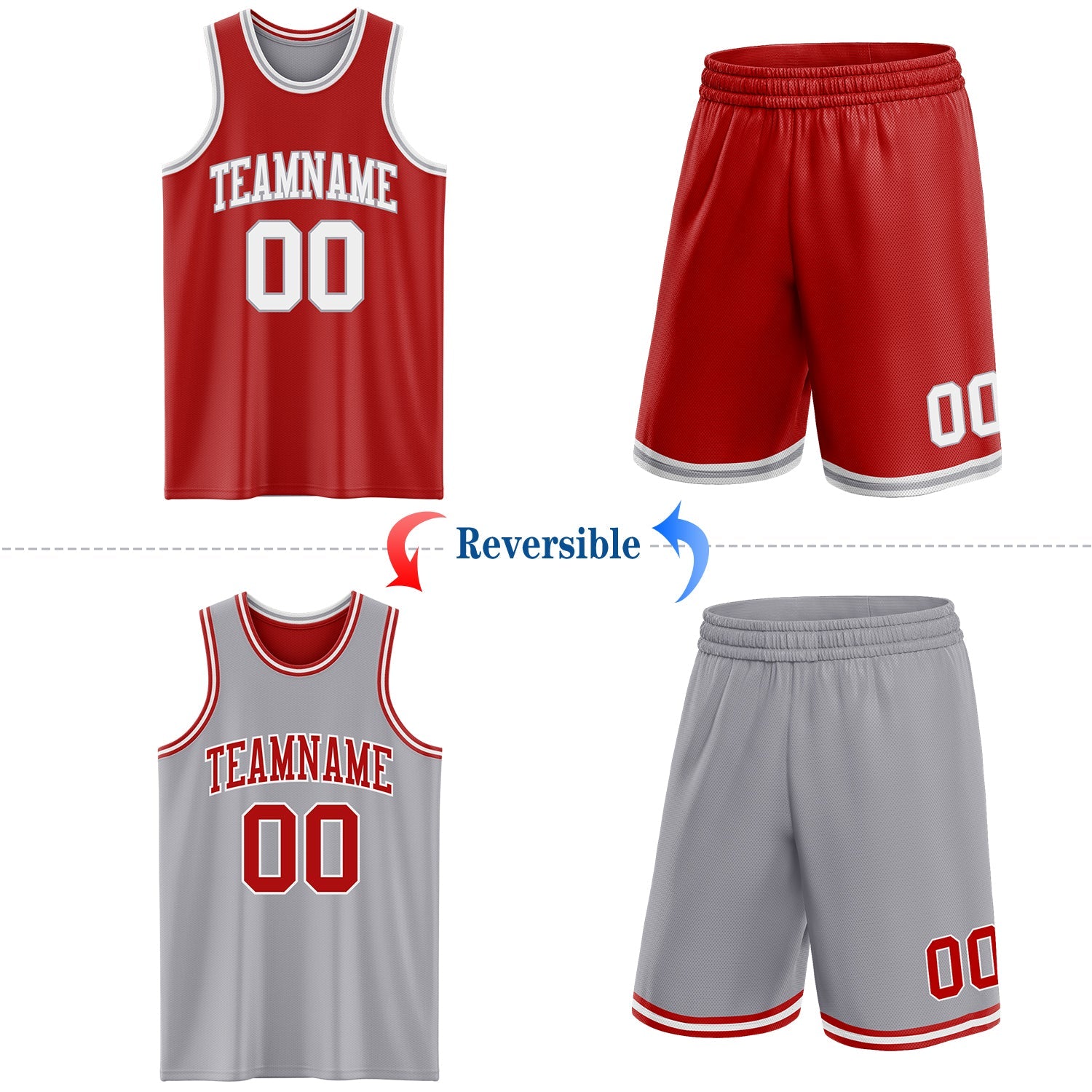 Custom Red White-Gray Reversible Double Side Sublimation Basketball Suit Jersey - Sky-Custom