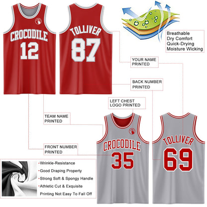 Custom Red White-Gray Reversible Double Side Sublimation Basketball Suit Jersey - Sky-Custom