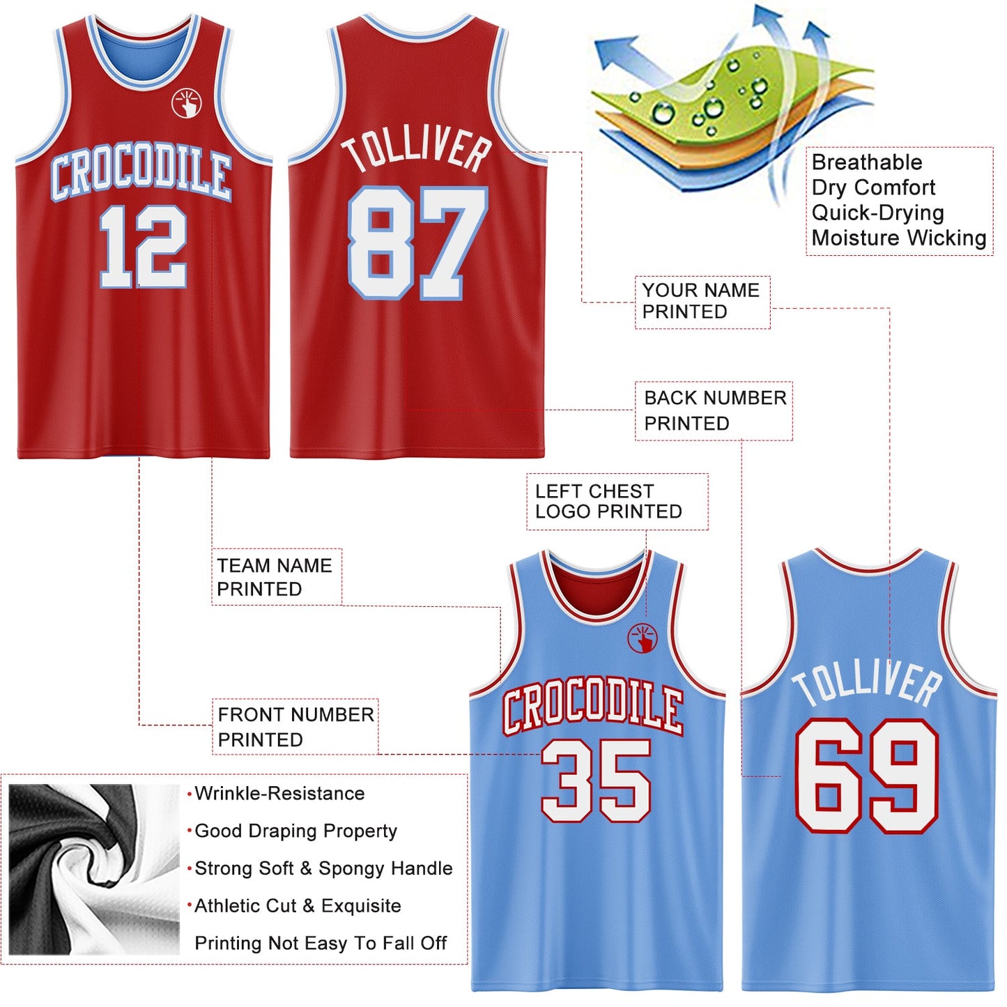 Custom Red White-Light Blue Reversible Double Side Sublimation Basketball Suit Jersey - Sky-Custom