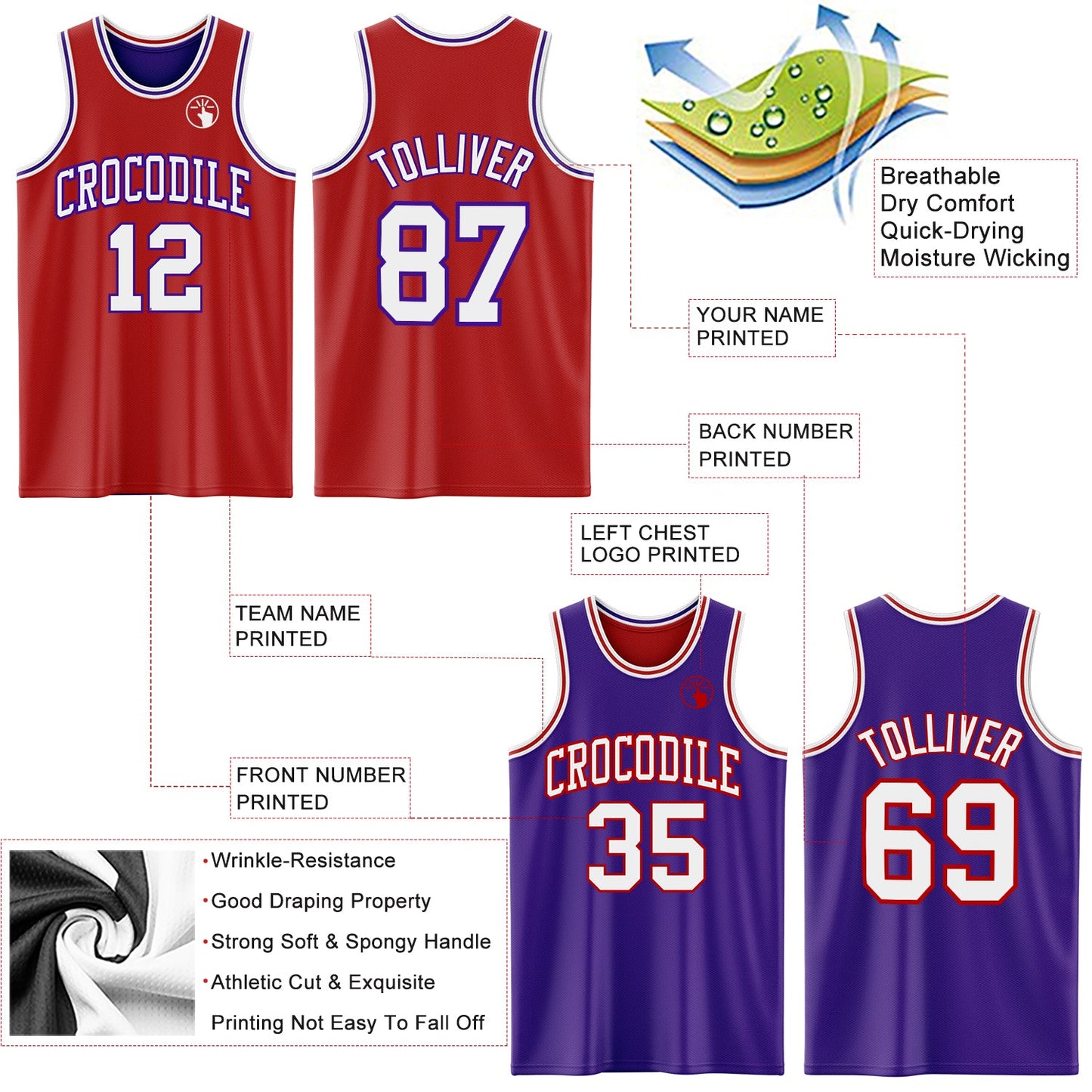 Custom Red White-Purple Reversible Double Side Sublimation Basketball Suit Jersey - Sky-Custom