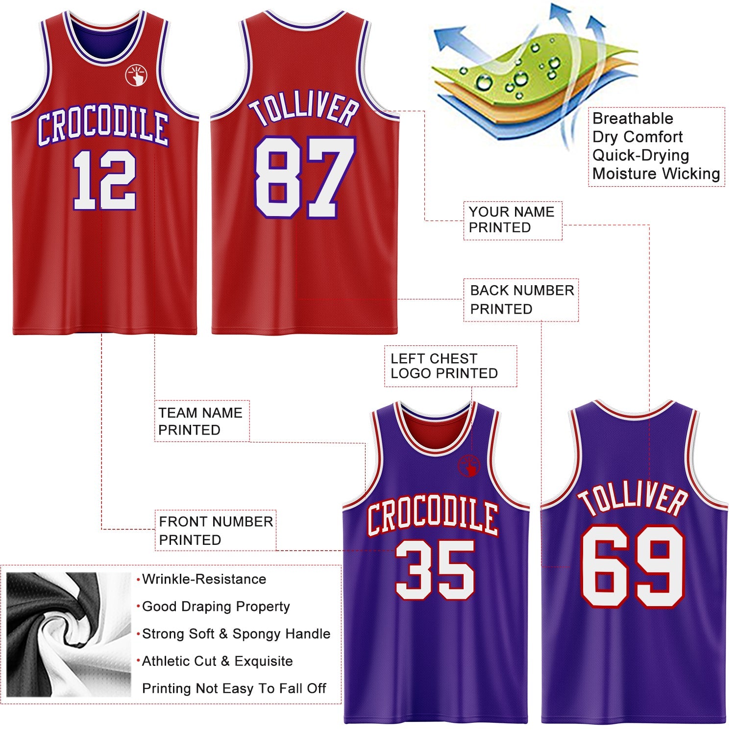 Custom Red White-Purple Reversible Double Side Sublimation Basketball Suit Jersey - Sky-Custom