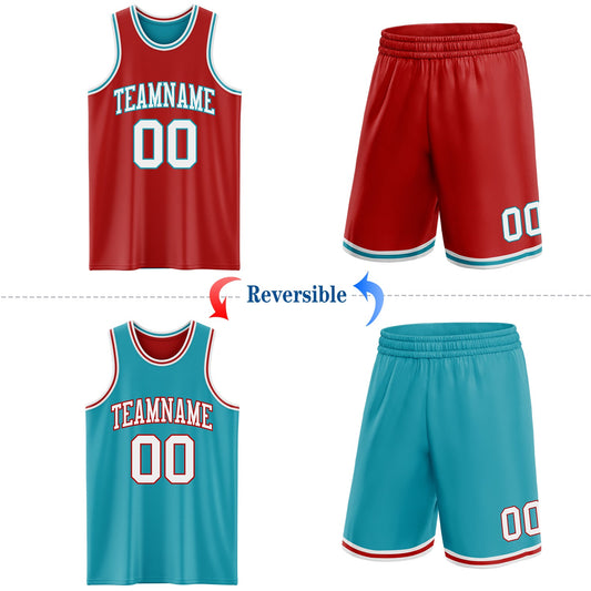 Custom Red White-Teal Reversible Double Side Sublimation Basketball Suit Jersey - Sky-Custom