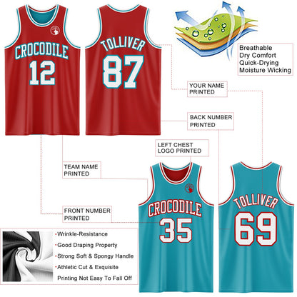 Custom Red White-Teal Reversible Double Side Sublimation Basketball Suit Jersey - Sky-Custom