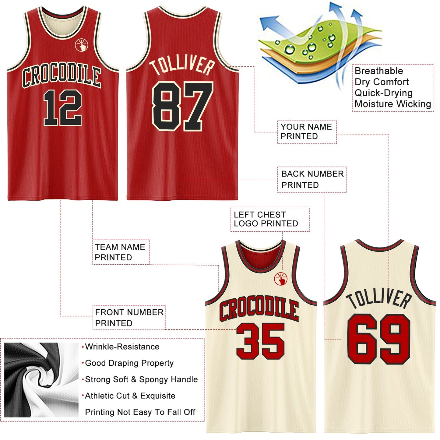 Custom Red Black-Cream Reversible Double Side Sublimation Basketball Suit Jersey - Sky-Custom