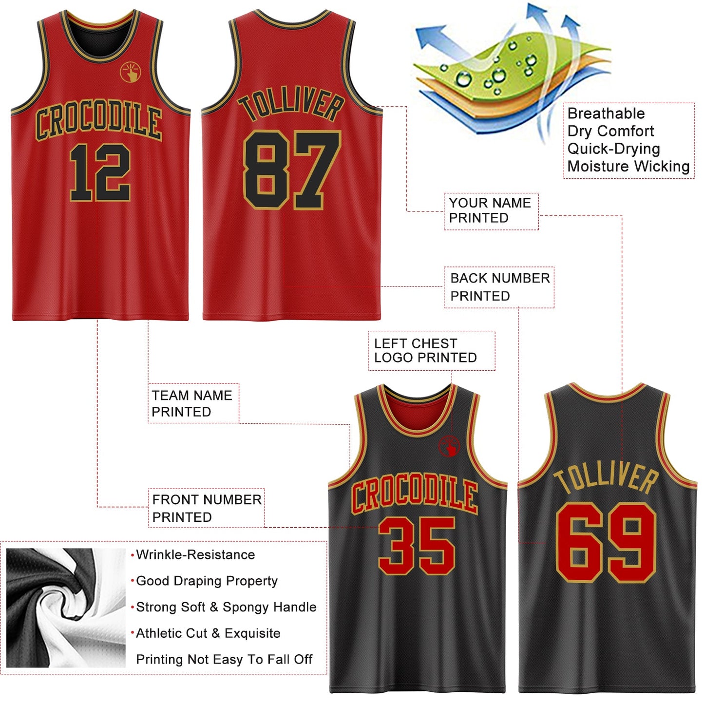 Custom Red Black-Old Gold Reversible Double Side Sublimation Basketball Suit Jersey - Sky-Custom