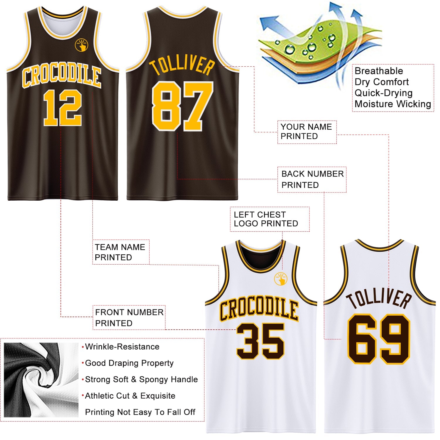 Custom Brown Gold-White Reversible Double Side Sublimation Basketball Suit Jersey - Sky-Custom