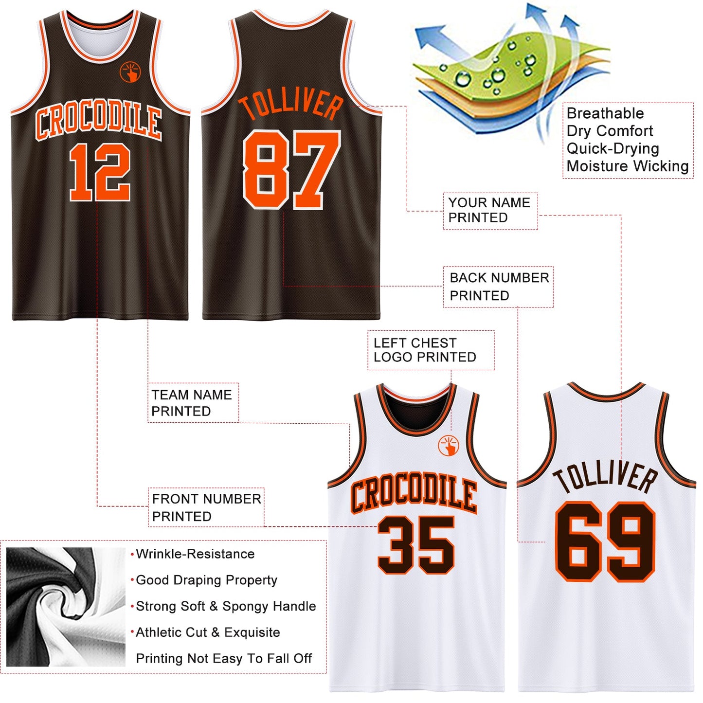 Custom Brown Orange-White Reversible Double Side Sublimation Basketball Suit Jersey - Sky-Custom