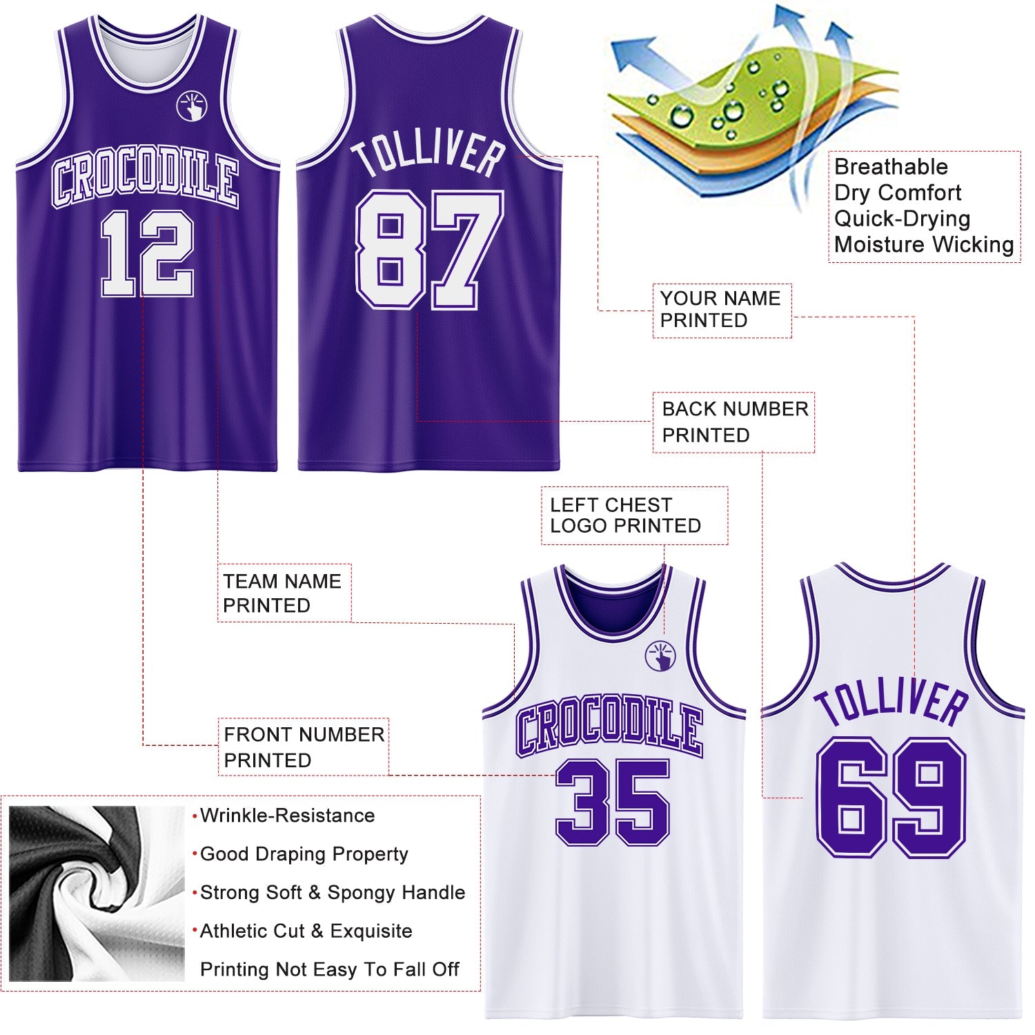Custom Purple White Reversible Double Side Sublimation Basketball Suit Jersey - Sky-Custom