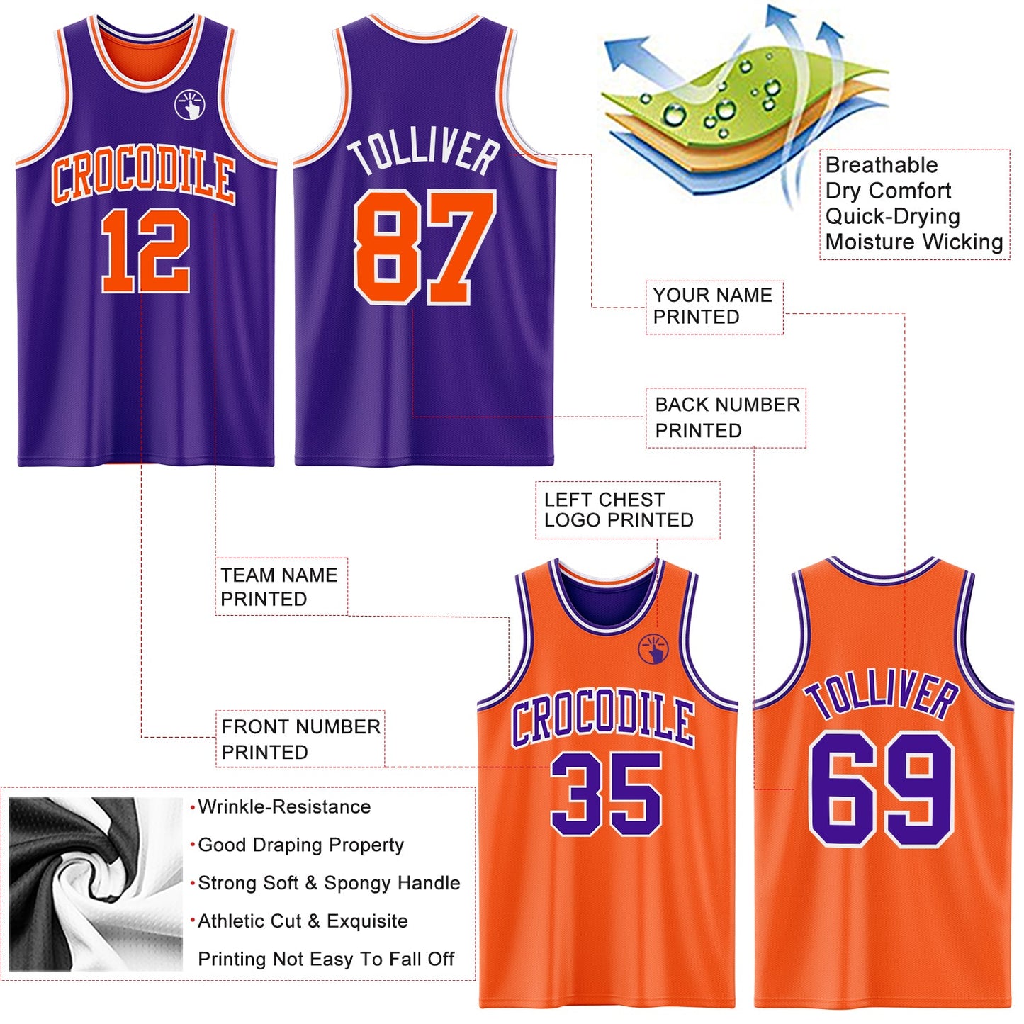 Custom Purple Orange-White Reversible Double Side Sublimation Basketball Suit Jersey - Sky-Custom