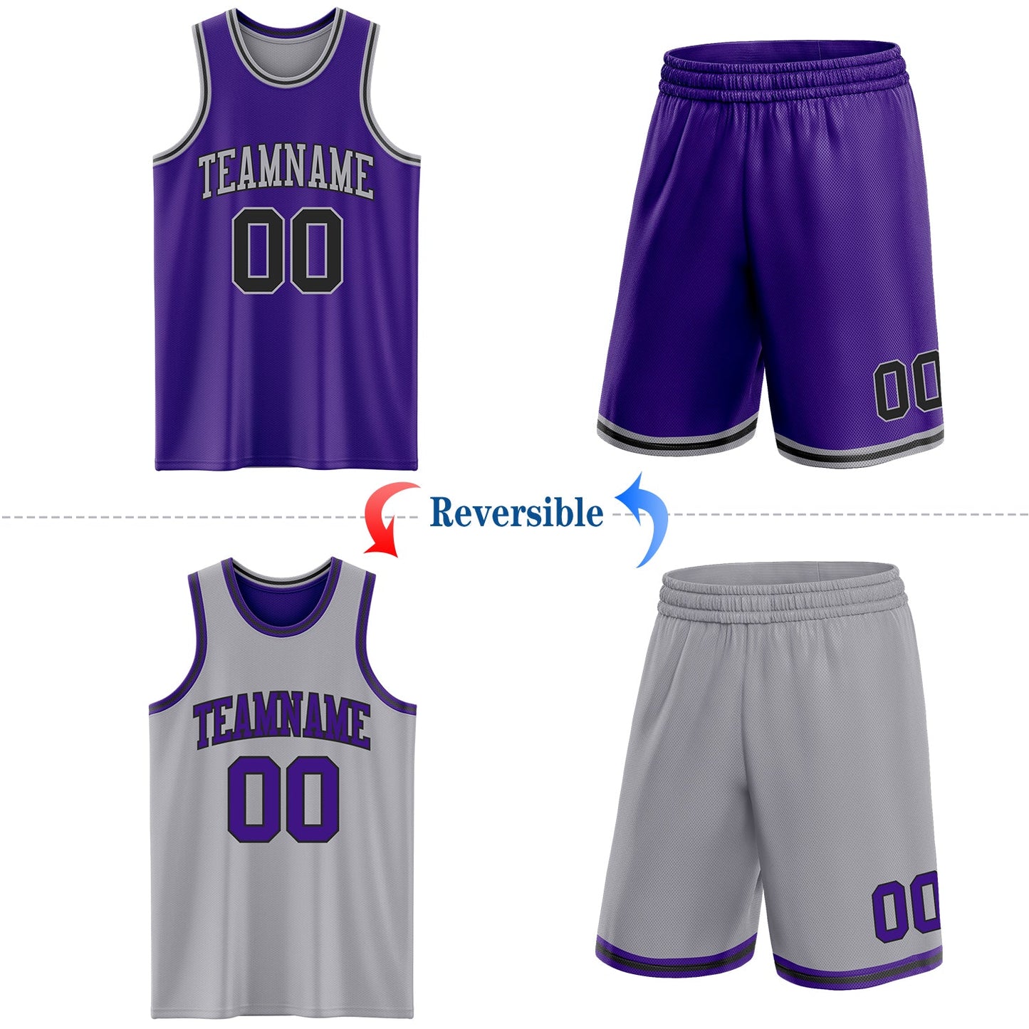 Custom Purple Black-Gray Reversible Double Side Sublimation Basketball Suit Jersey - Sky-Custom